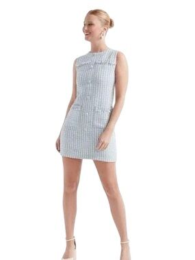Hermoza Fortunata Tweed Dress NWT Blue White Fringe Mini Size L MSRP $258